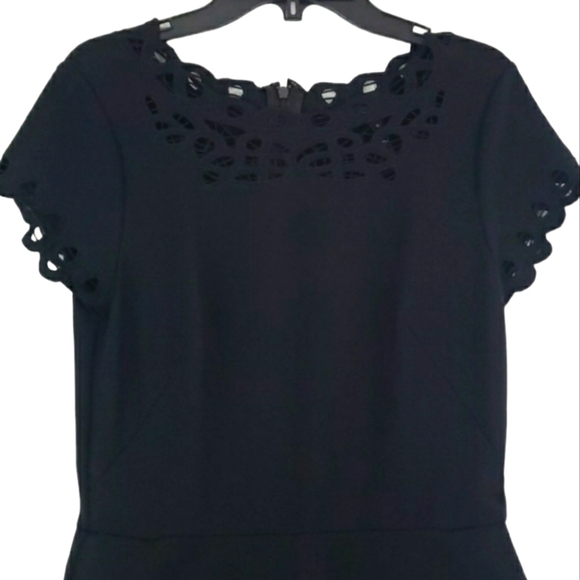 White Hause Black Market~Woman Size 0~Black Fit/Flare Lazer Cut Dress Pockets. - Picture 3 of 11